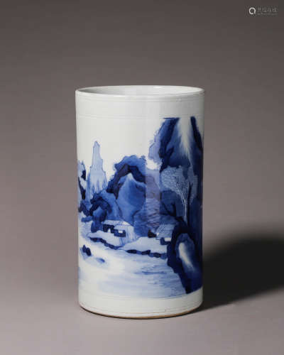 A Blue And White Landscape Porcelain Pen Holder