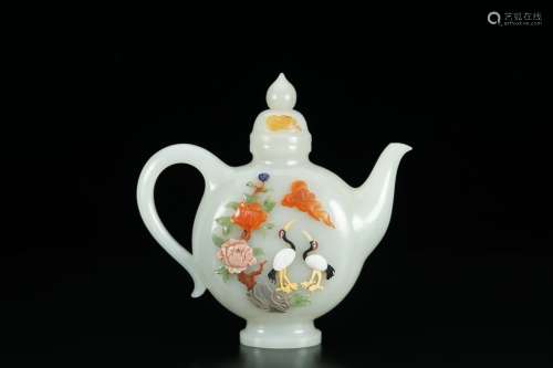 A Stone Inlaid Crane Pattern Jade Tea Pot