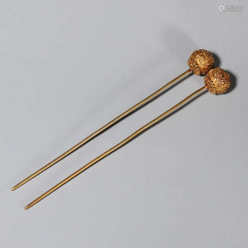 A Pair Of Silver Gilt Chinese Flower Hairpin