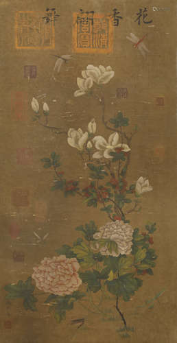 Five Dynasties Xu Xi flowers on silk vertical axis