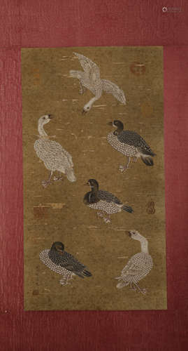 Silk scroll of flowers and birds by Lu Zonggui in song Dynas...