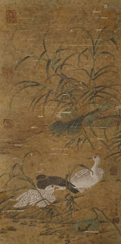 A vertical scroll on silk drawn by Huang Ju in song Dynasty