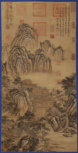 Five dynasties Guo Zhongshu landscape pavilion silk vertical...