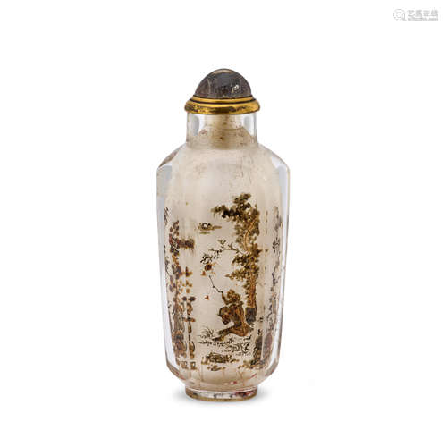 AN EARLY INSIDE-PAINTED TALL HEXAGONAL ROCK CRYSTAL SNUFF BO...