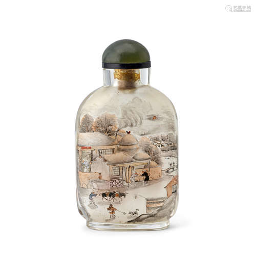 A RARE INSIDE-PAINTED 'CAMELS' GLASS SNUFF BOTTLE