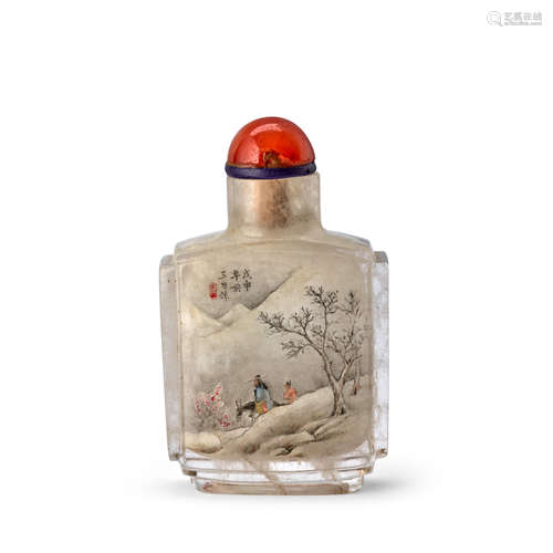 AN INSIDE-PAINTED ROCK CRYSTAL SNUFF BOTTLE