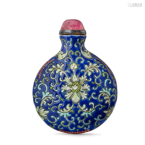 AN ENAMELED BLUE-GROUND PORCELAIN SNUFF BOTTLE