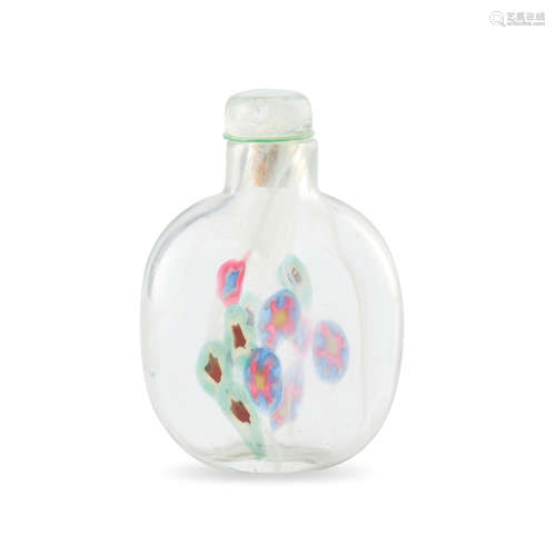 A brightly-colored-cane-inclusion clear glass snuff bottle