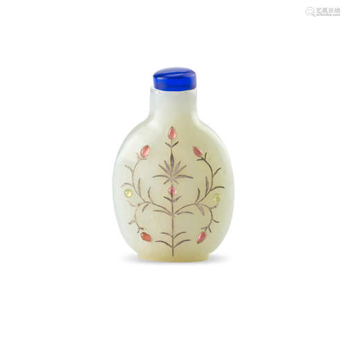 A silver-inlaid and hardstone-inset white jade snuff bottle