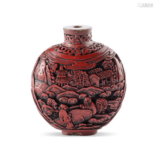 A Carved cinnabar lacquer metal-bodied snuff bottle