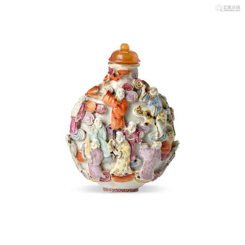 An enamelled molded porcelain 'eighteen-Lohan' snuff bottle