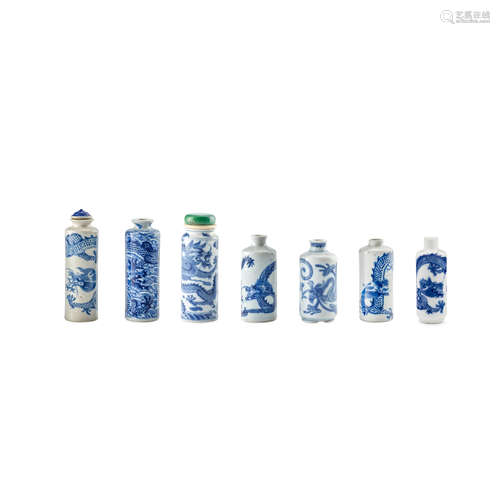 Seven various Blue and White 'dragon' snuff bottles