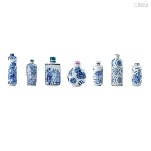 Seven Blue and White snuff bottles