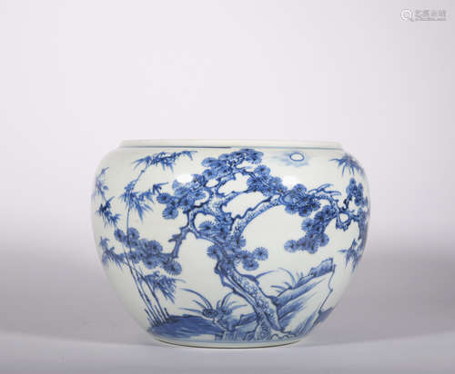 A blue and white 'floral' jar