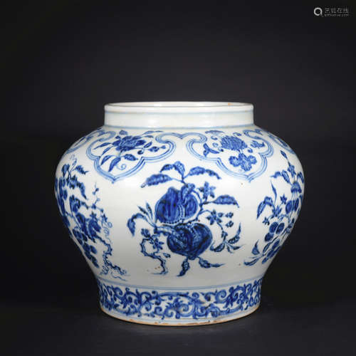 A blue and white 'fruits' jar