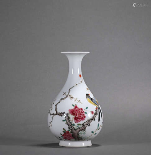 A famille-rose 'floral and birds' pear-shaped vase
