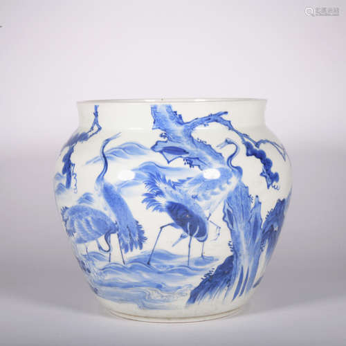 A blue and white 'crane' jar