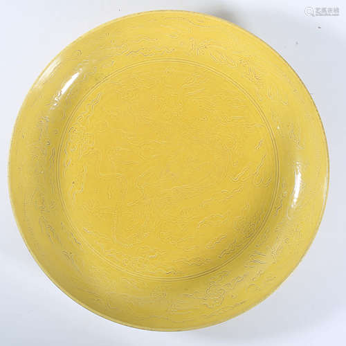 Qing Kangxi yellow-glazed dark-engraved dragon plate