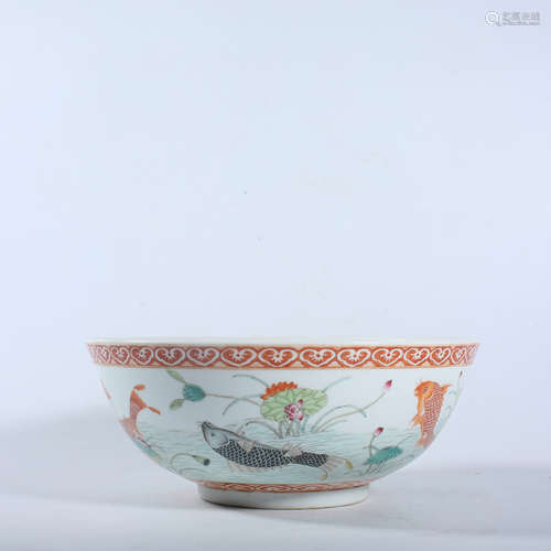 Alum red pastel flower and bird bowl