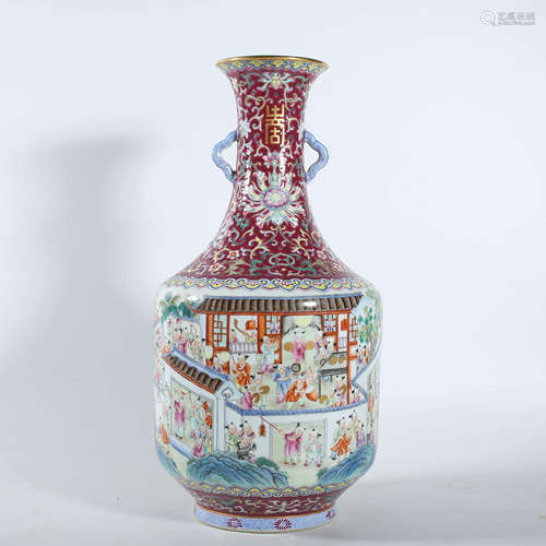 Qing Qianlong famille rose double ear vase