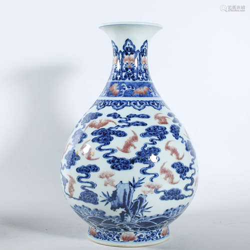 Qing yongzheng blue and white glaze red jade pot spring