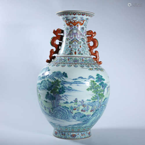 Qing Qianlong famille rose double ear vase