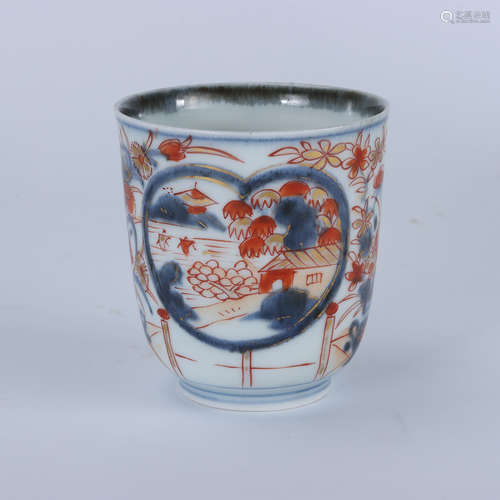 Kangxi blue-and-white alum and red gilt gilt cup with landsc...