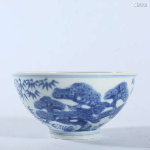 Qing Dynasty Guangxu Suihan Three Friends Blue and White Bow...