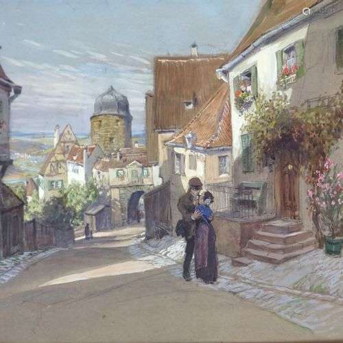 Paul HEY (1867-1952) Les amoureux du village. Aquarelle et g...
