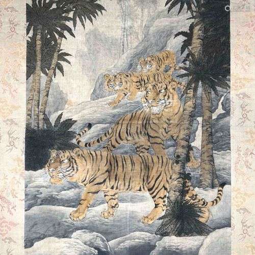 JAPON XIXe. TENTURE aux tigres. 175 x 112 cm.
