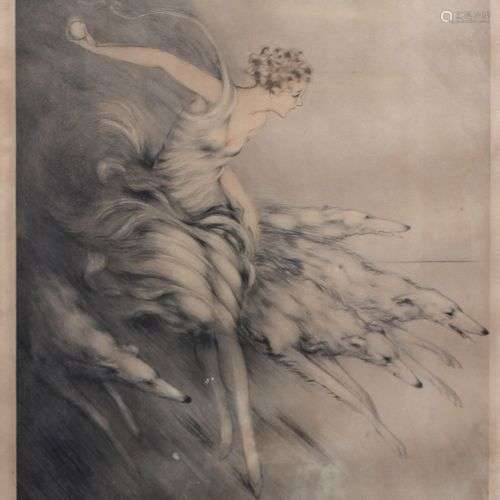 Louis ICART (1888-1950) Femme lançant une balle à ses lévrie...