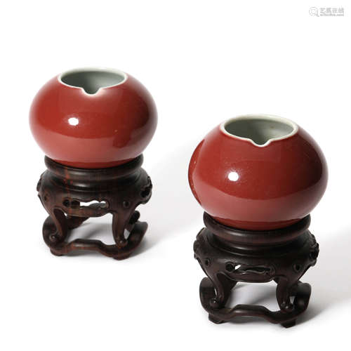 Pair Of Red Glaze Water Coupes With Stands