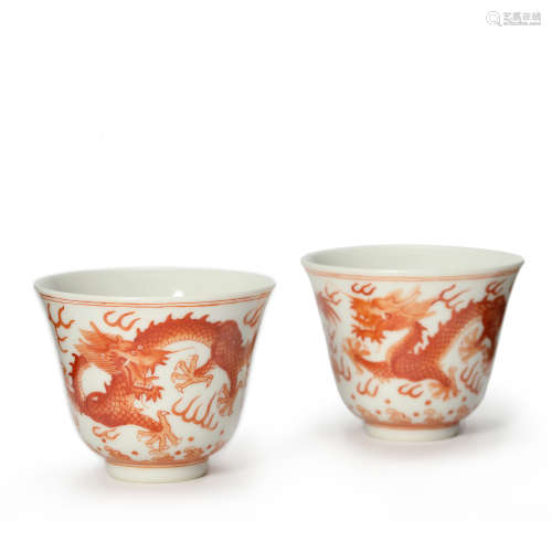 Pair Of Iron-Red Glaze Dragon Cups