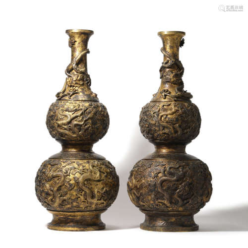 Pair Of Gilt-Bronze Cloud And Dragon Double Gourd-Shaped Vas...