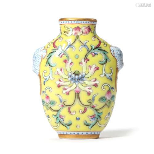 A Yellow Ground Famille Rose Floral Snuff Bottle