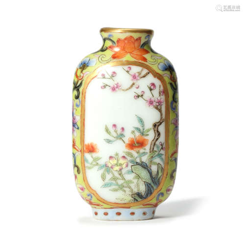 A Yellow Ground Famille Rose Floral Snuff Bottle