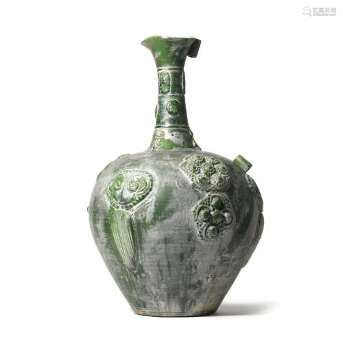 An Applique-Decorated Green Glaze Baluster Vase
