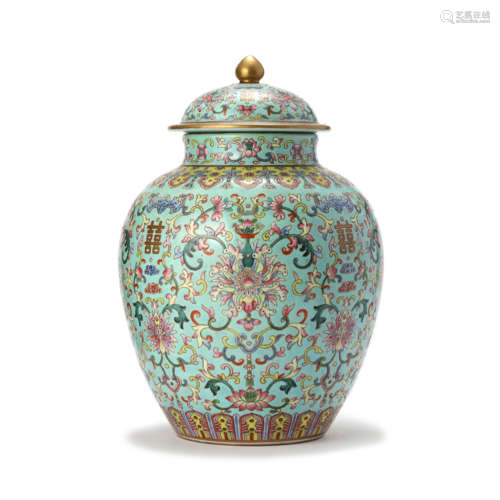 A Turquoise Glazed Lotus Scroll Jar with Cover