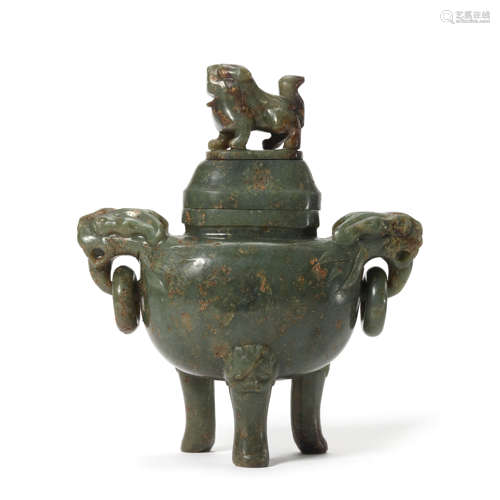 A Carved Gray Lion Jade Tripod Censer