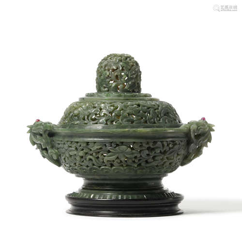 A Spinach-Green Jade Openwork Incense Burner