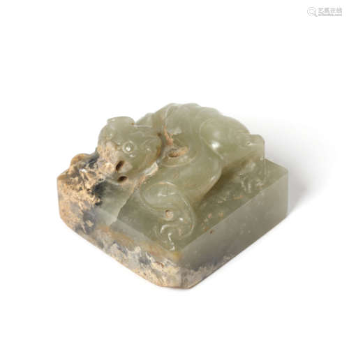 A Carved Pale Celadon Jade Beast Seal