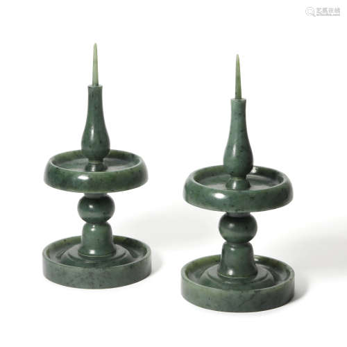Pair Of Spinach-Green Jade Candlesticks