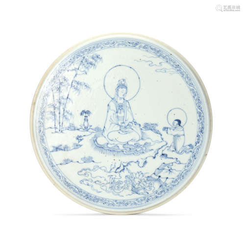 A Blue And White Guanyin And Kid Circular Plaque