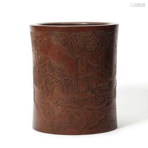 A Wood Figure And Landscape Brush Pot