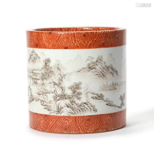 A Faux-Bois Landscape Brush Pot