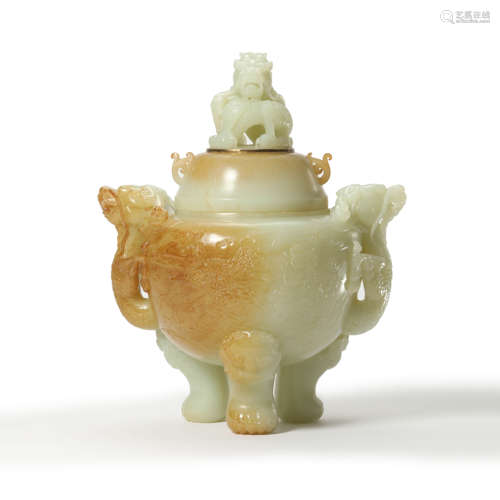 A Carved White and Russet Jade Censer