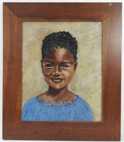 Ecole du XXeme. Jeune Africaine souriante. Huile sur toile. ...