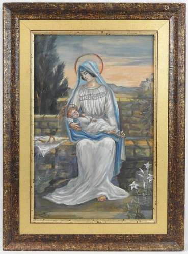 Yvon FAREY (XXème). Vierge à l'enfant. Aquarelle. Signé en b...