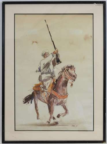 Ecole Orientaliste du XXeme. Le cavalier arabe. Aquarelle. S...