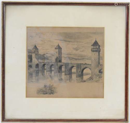 Albert ROBIDA (1848-1926) d'après : Le pont Valentré. Gravur...